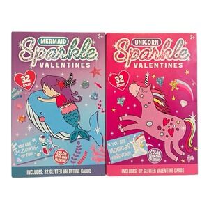 Lot of 2 Sparkle Glitter Valentine Cards Mermaid Unicorn Exchange Party 64 Cards